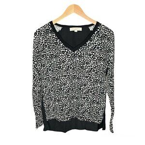 LOFT Floral Spot Black Mix Media V-Neck Long Sleeve Blouse Sz M